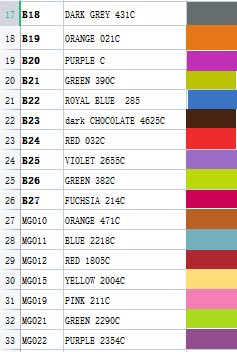 B230 extended color chart